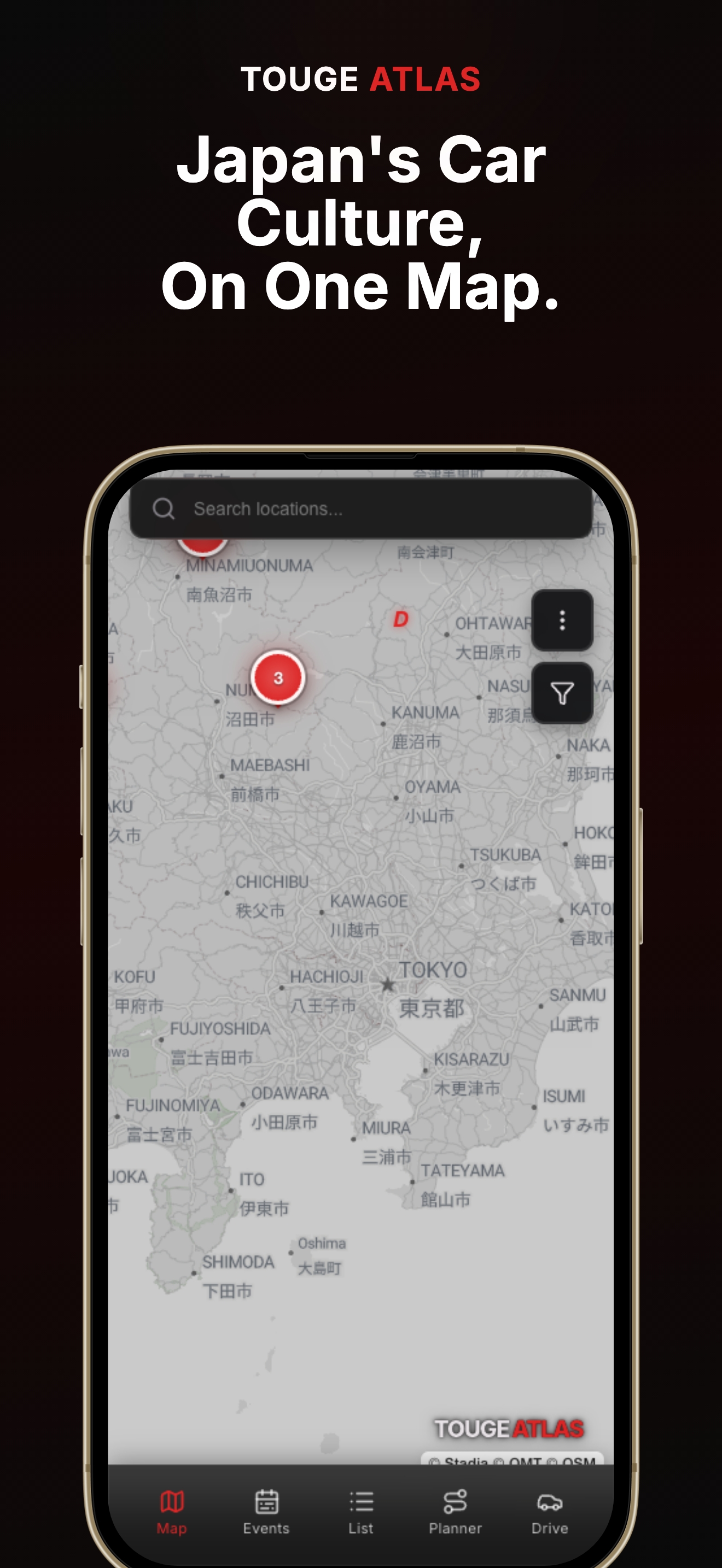 Touge Atlas store screenshot showing the map and car-culture locations across Japan