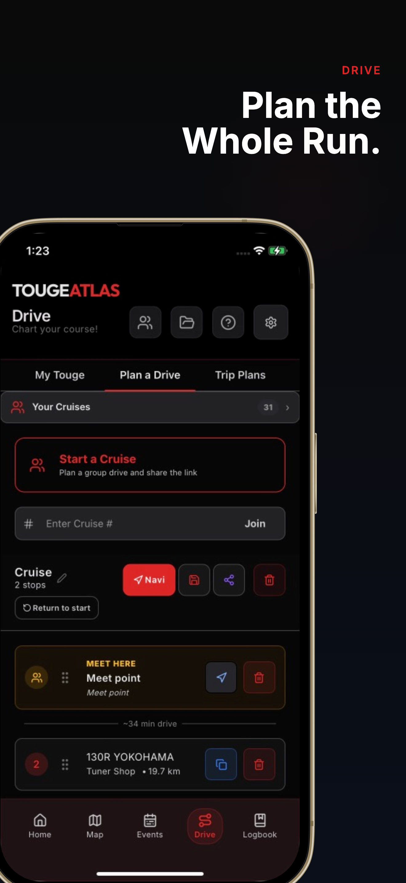 Touge Atlas store screenshot for planning a multi-stop drive
