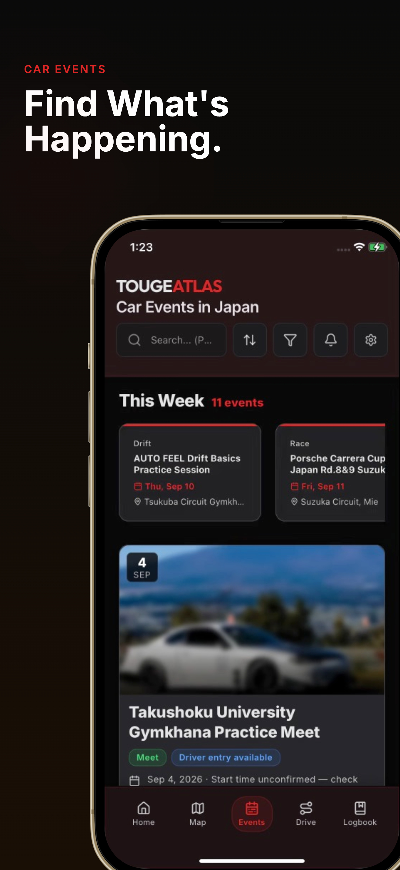 Touge Atlas store screenshot showing car meets and driving events across Japan
