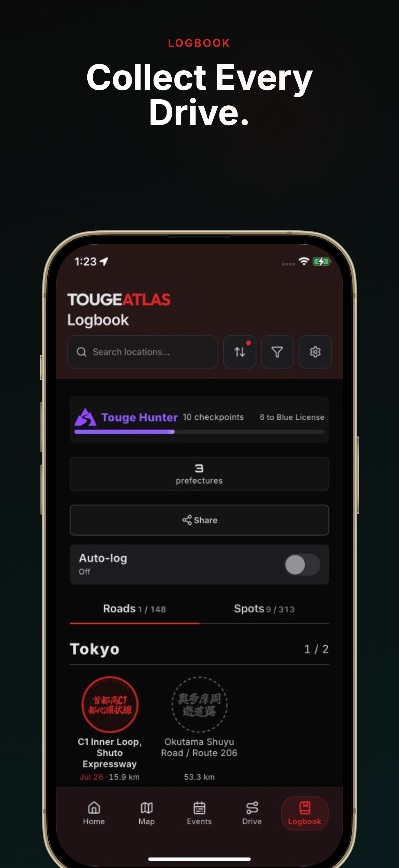 Touge Atlas store screenshot showing a driver Logbook and collected routes