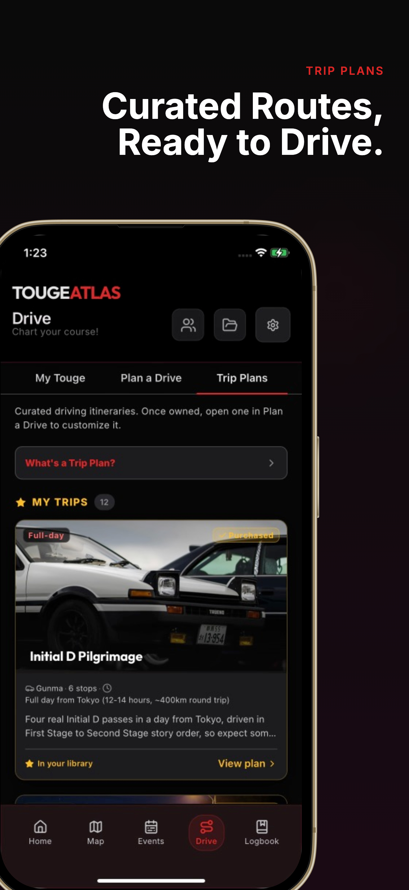 Touge Atlas store screenshot showing curated driving itineraries